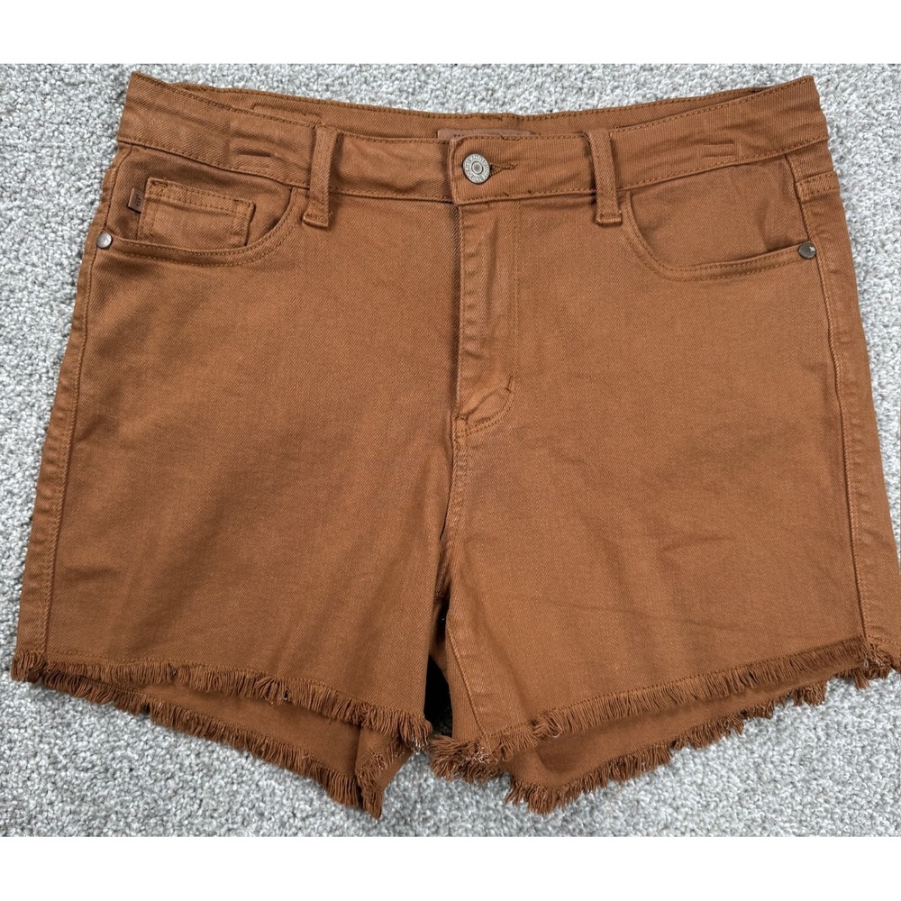 Judy Blue Garment Dyed Brown High Rise Denim Shorts Women's L Frayed Hem
